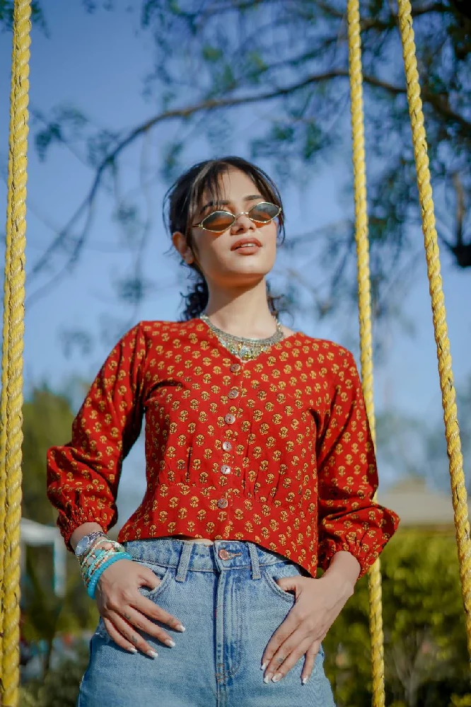 Red Cotton Crop Top with Yellow Bagh Hand-Block Print-4.webp